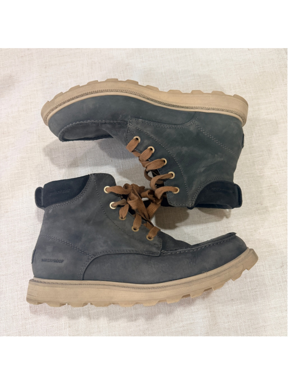 Sorel Men's Caribou Moc Waterproof Leather Boots Blueish Gray Tan Size 8 NM3851 - Picture 3 of 10